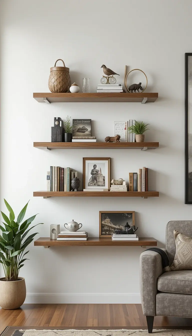 a floating shelf showing collectibles