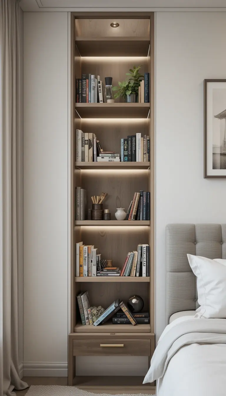a bedroom bookshelf with a recessed design