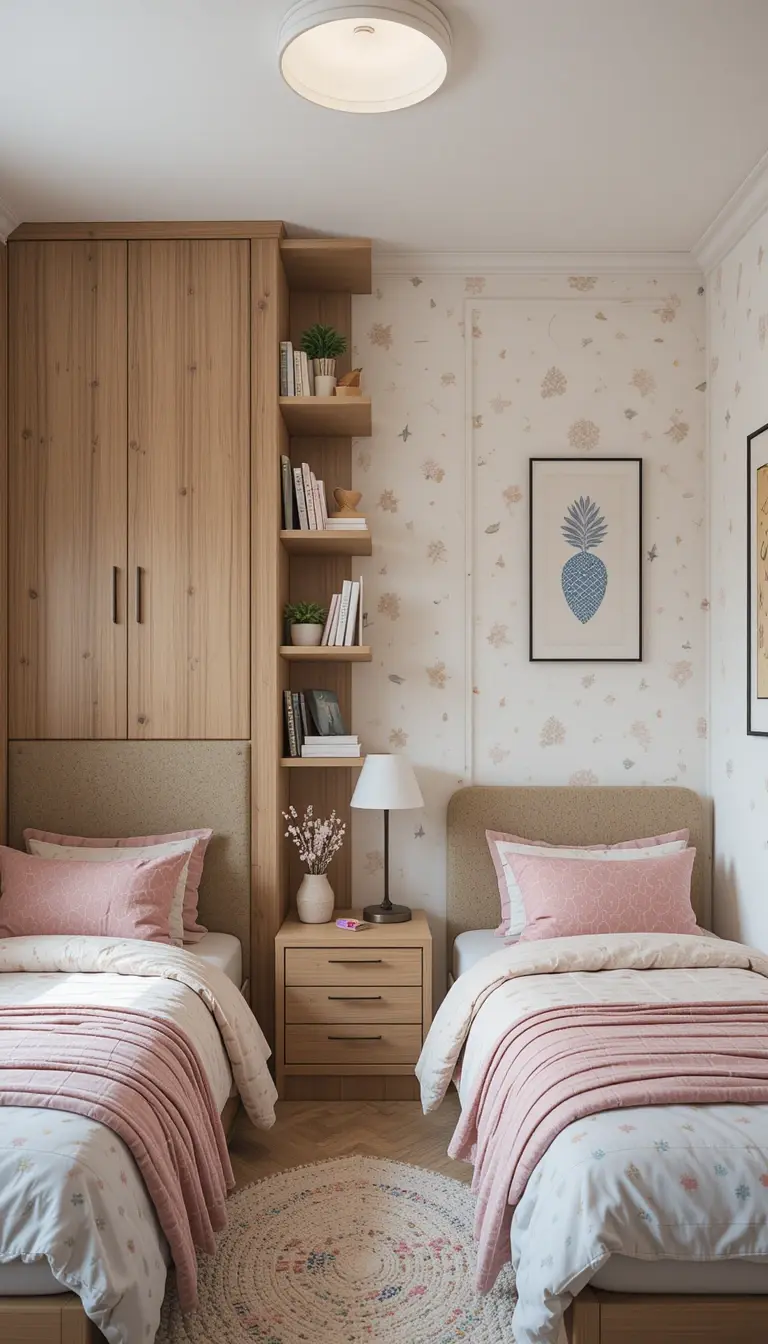 a shared kids bedroom with smart storage