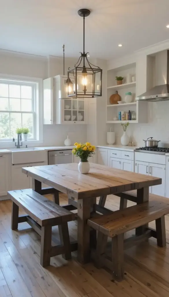farmhouse kitchen with Weathered Wood Dining Table and Benches