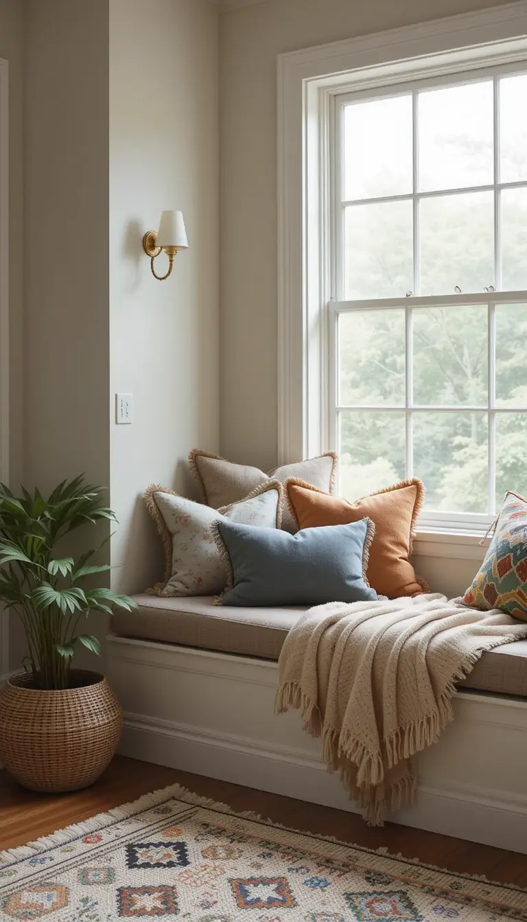 a window seat with different color pillows and cushions