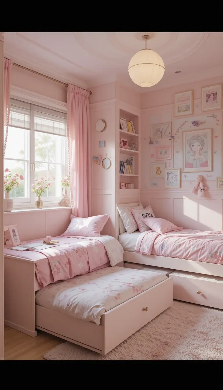 a shared kids bedroom with flexible furniture