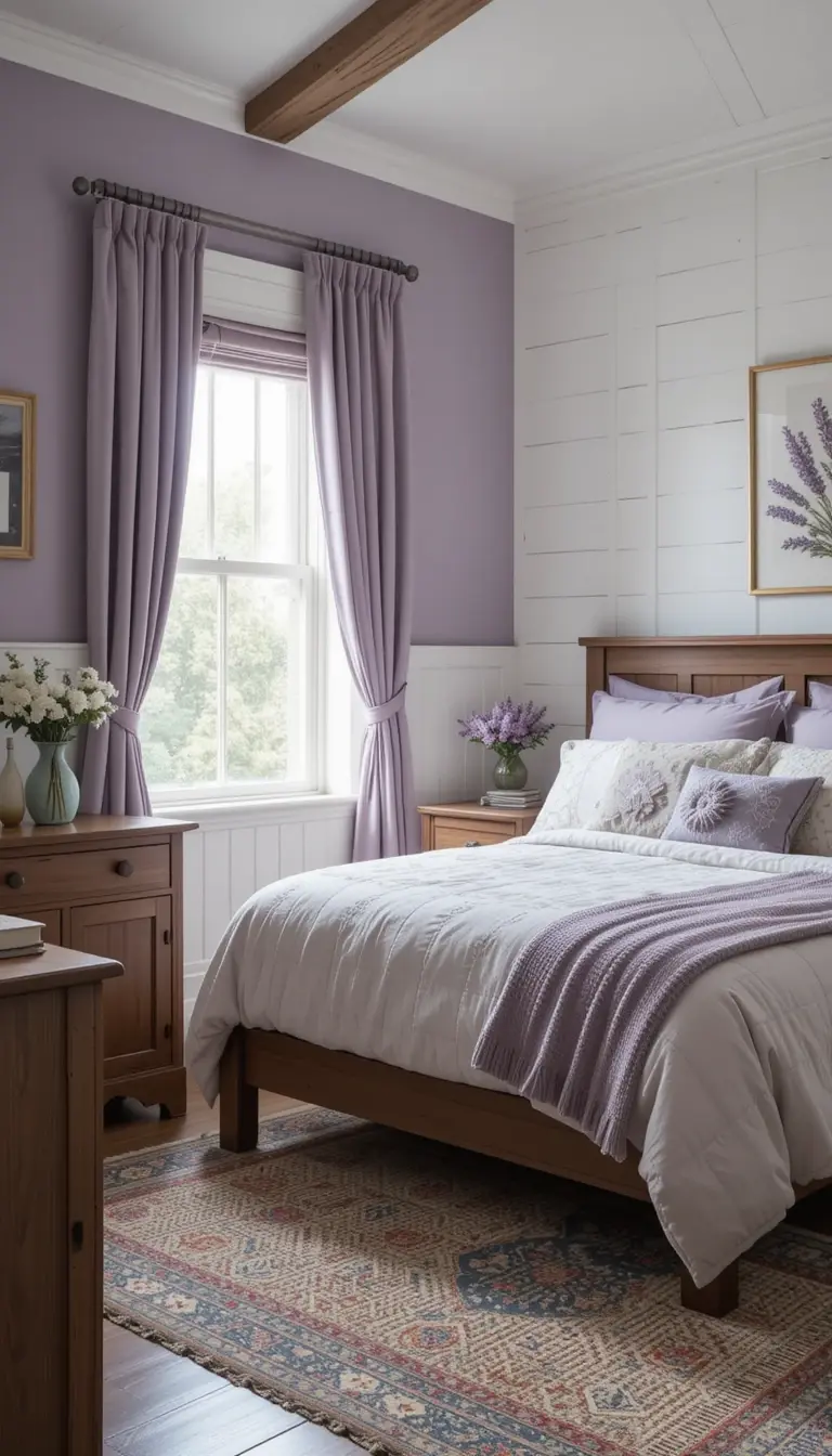 a farmhouse bedroom in lavender theme