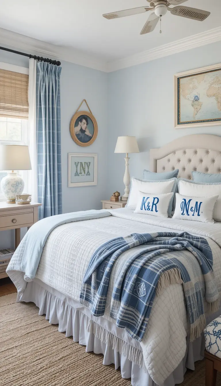 a coastal bedroom with a monogram theme
