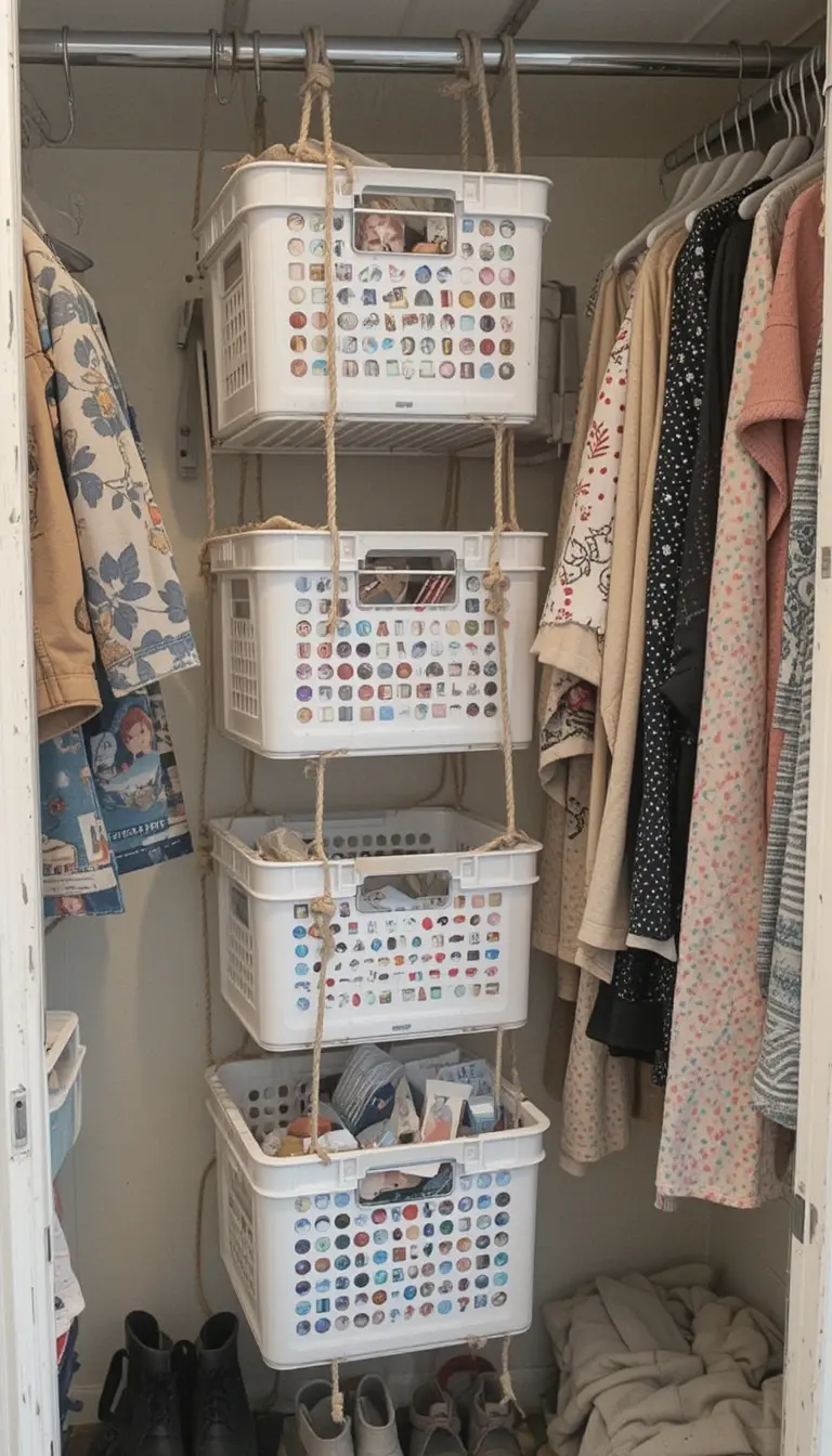 a closet with hanging bins
