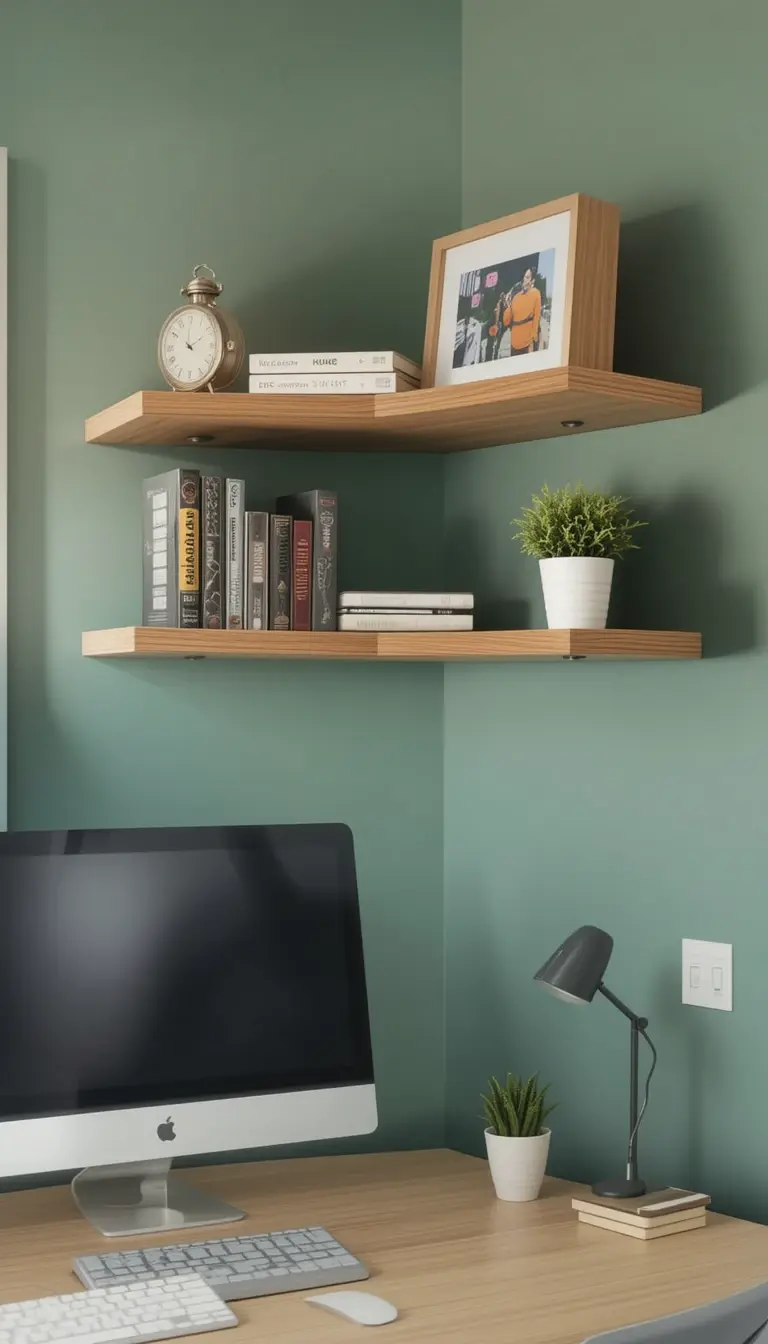 a floating shelf above a desk