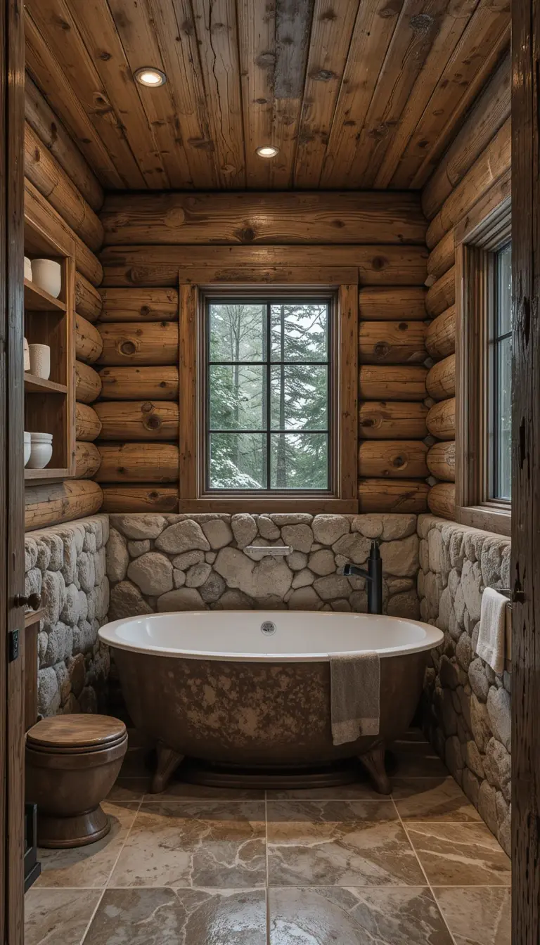a rustic bathroom with mountain magic theme