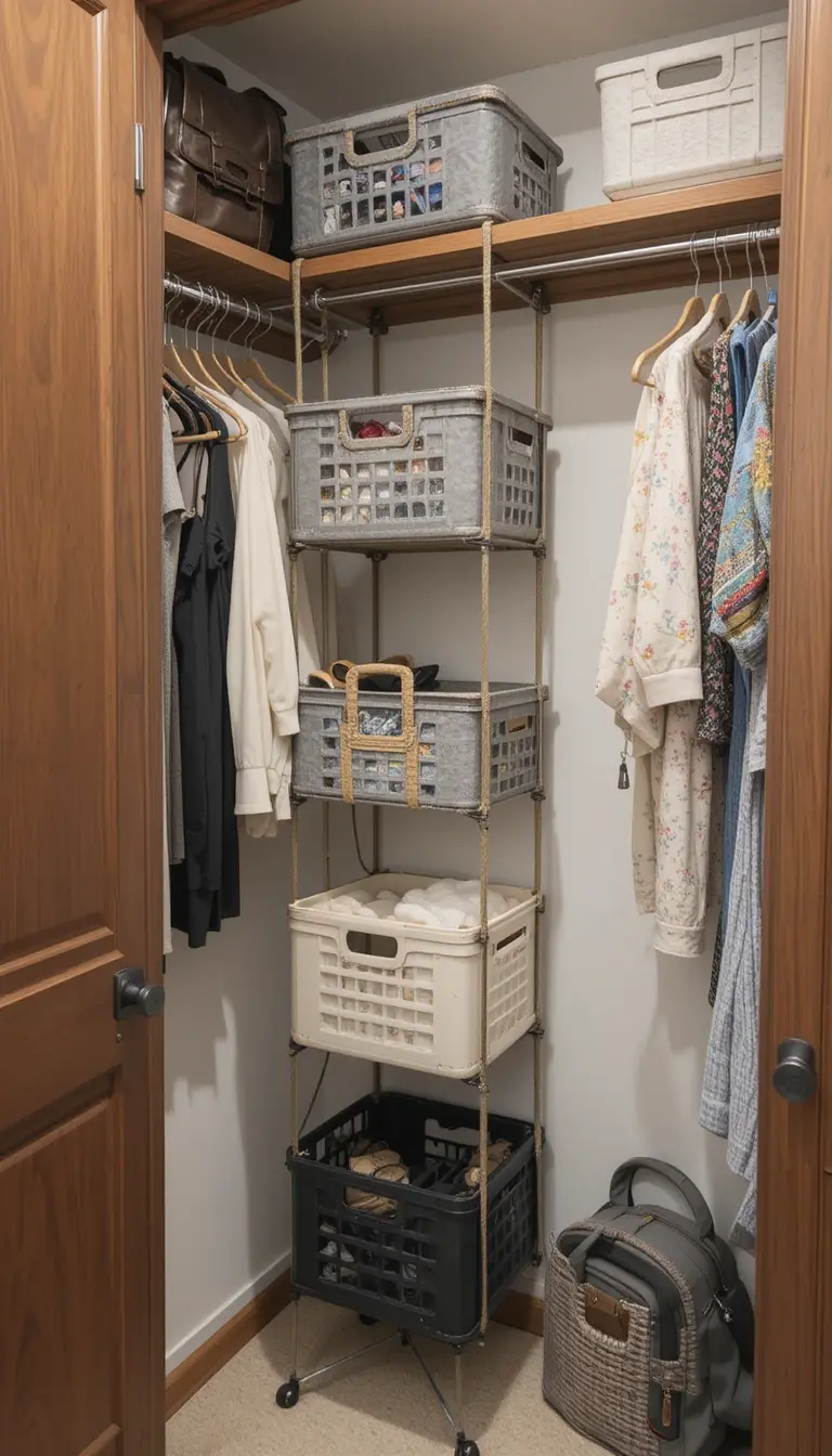 a closet with hanging bins