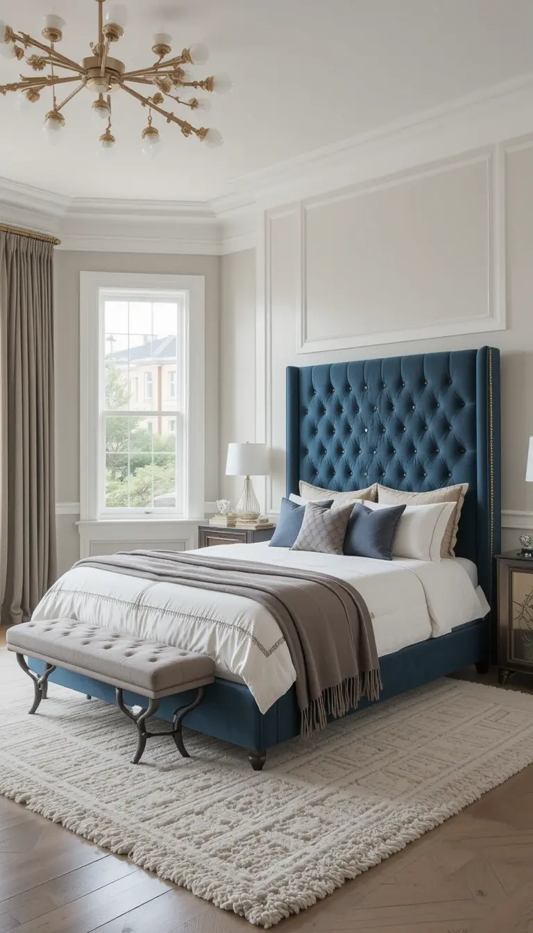 a guest bedroom bed with an oversized headboard