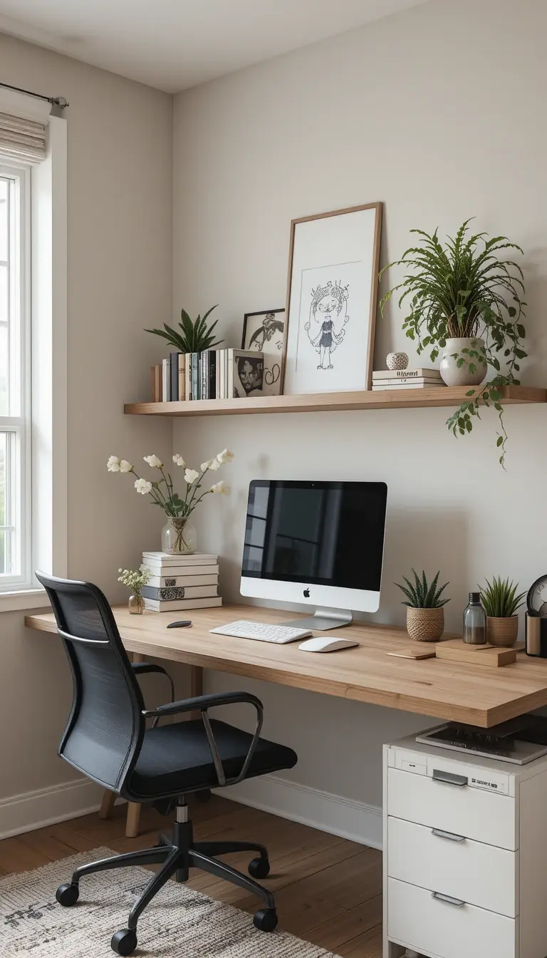 a floating shelf above a desk