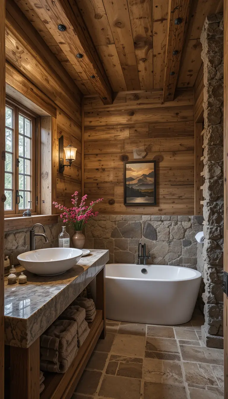 a rustic bathroom with mountain magic theme