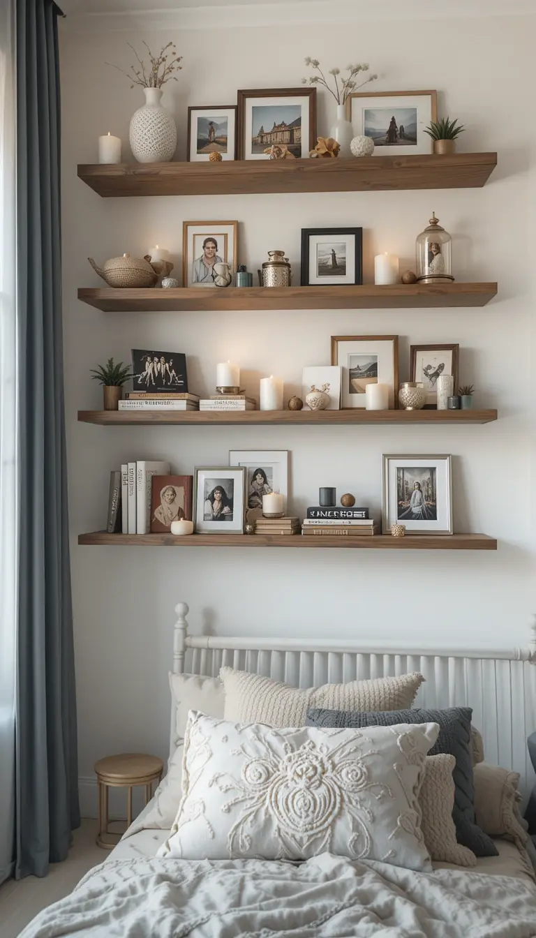 a bedroom bookshelf with a picture ledge design