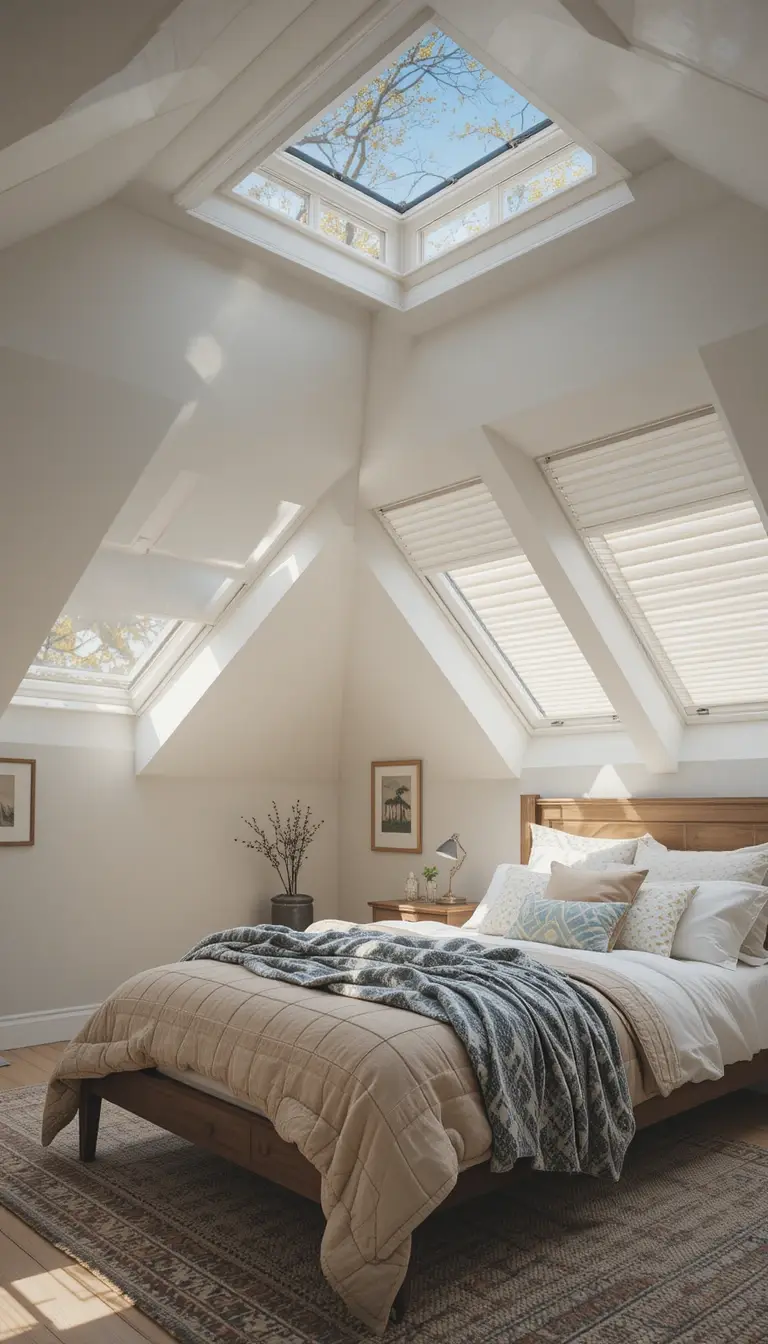 an attic bedroom with solar powered blinds