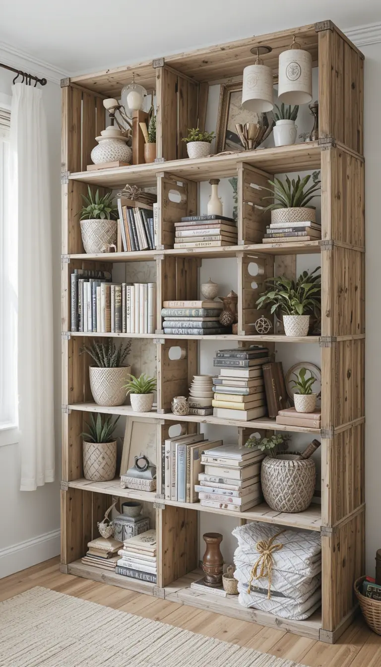 a bedroom bookshelf made of reused crates
