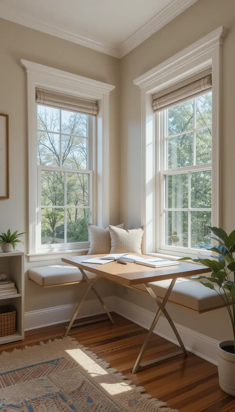 a window seat with floating desks