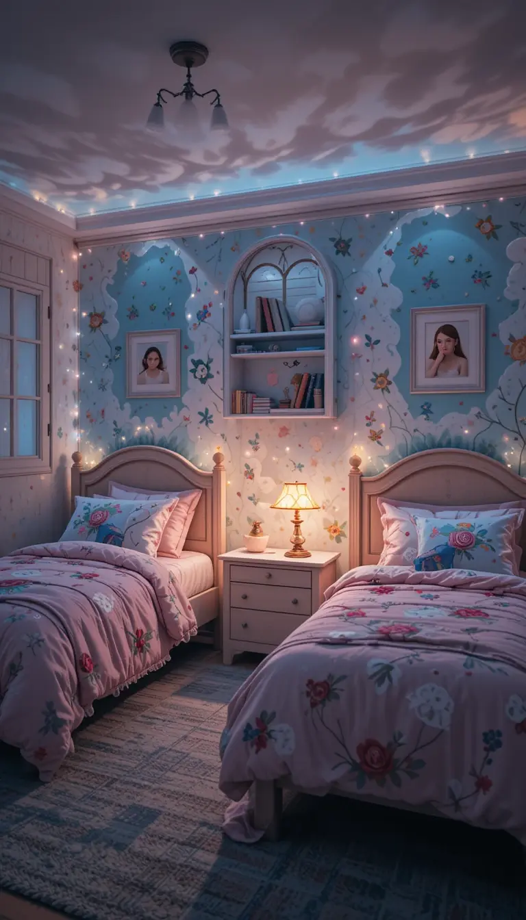 a shared kids bedroom with fun lighting