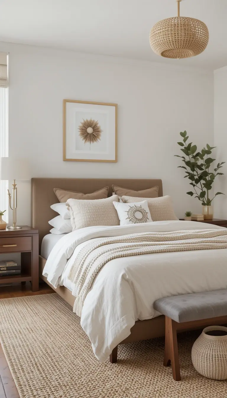 a neutral rug in a serene bedroom