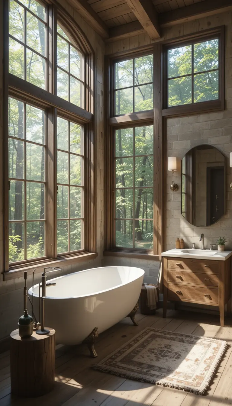 a rustic bathroom with natural light