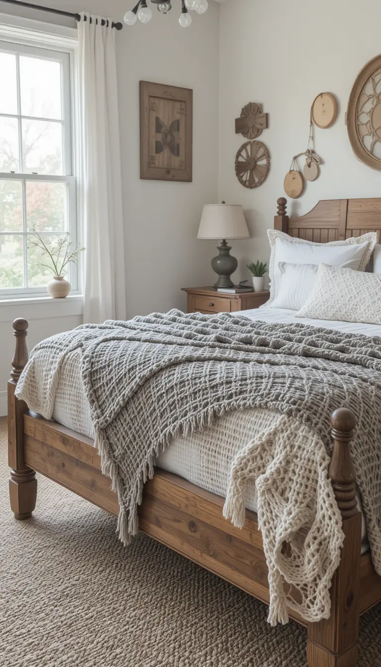a farmhouse bedroom with rustic elements