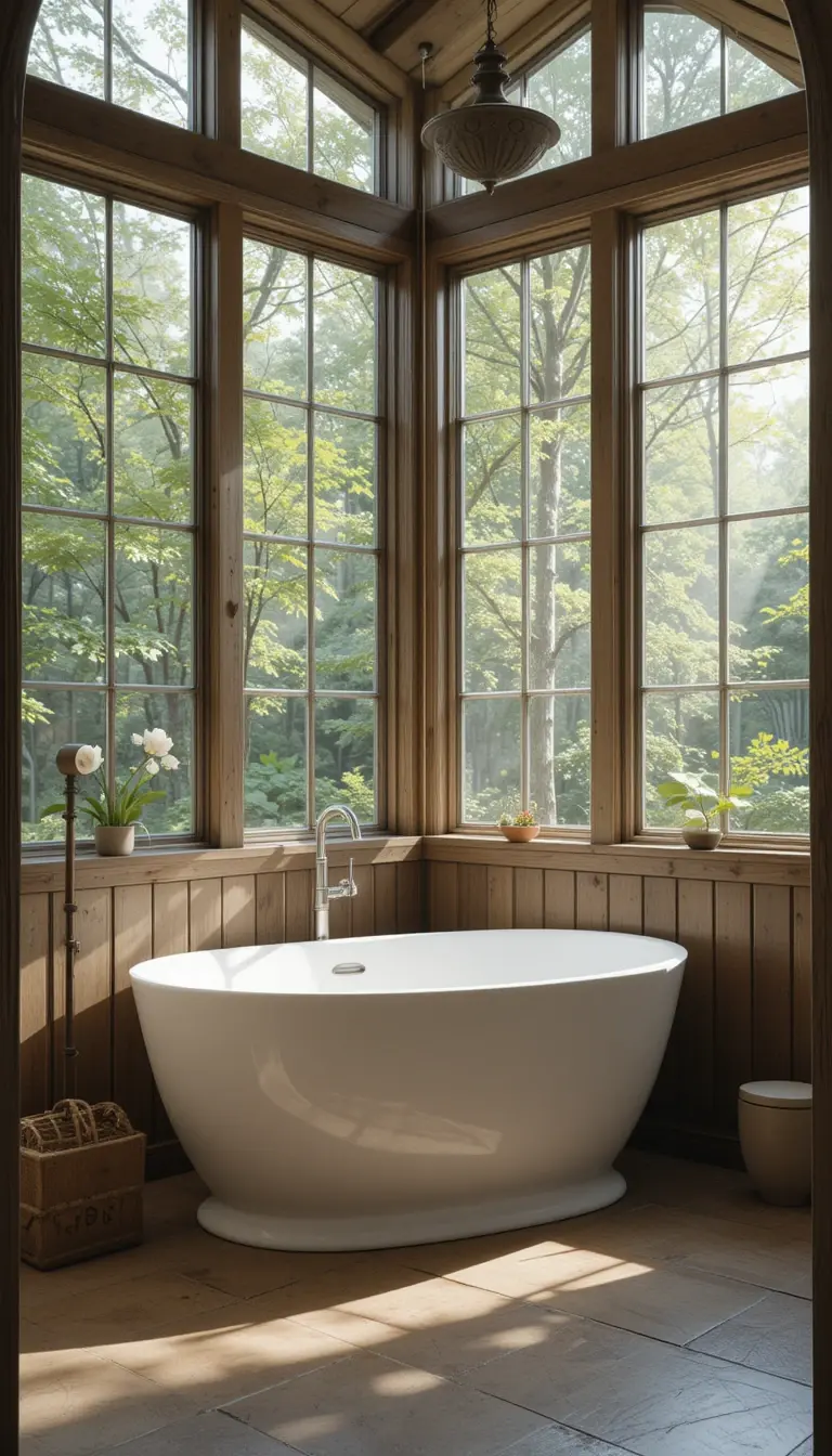 a rustic bathroom with natural light