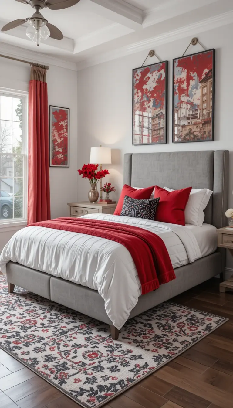 a teenage girl bedroom with red accents