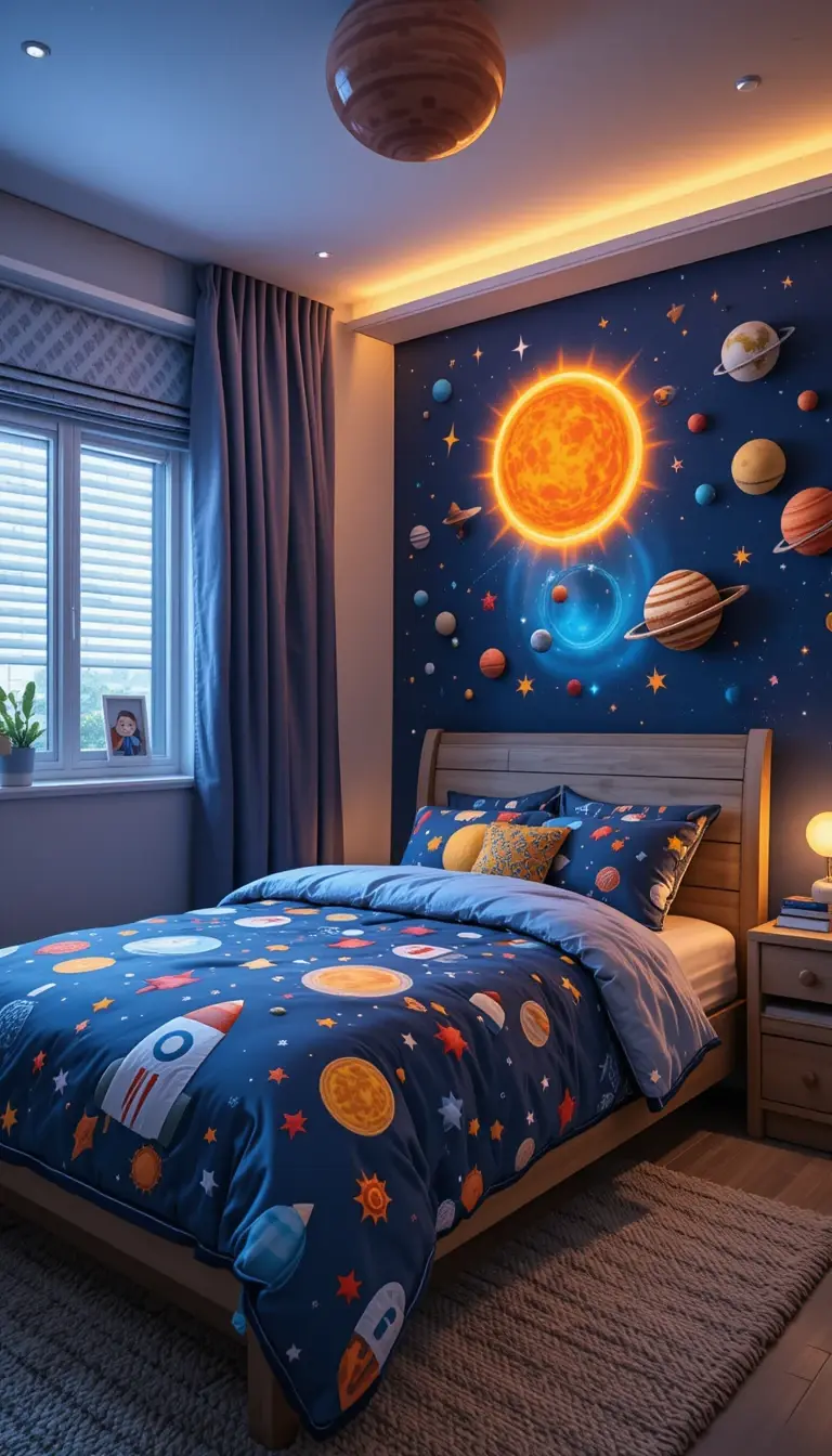 a teenage boy bedroom with a science fiction theme