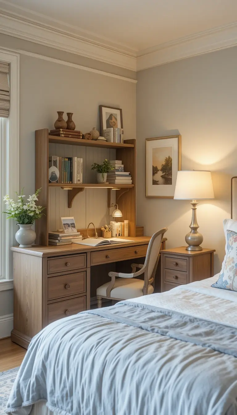 a coastal bedroom with a study area