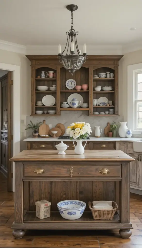 a farmhouse kitchen with Antique Wooden Hutch and Ceramic Dishware