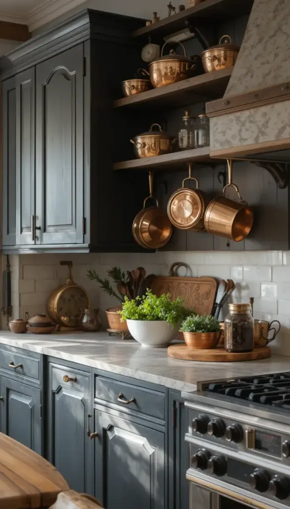 a farmhouse kitchen with copper pots