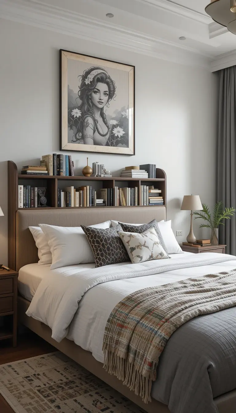 a bedroom bookshelf in a headboard