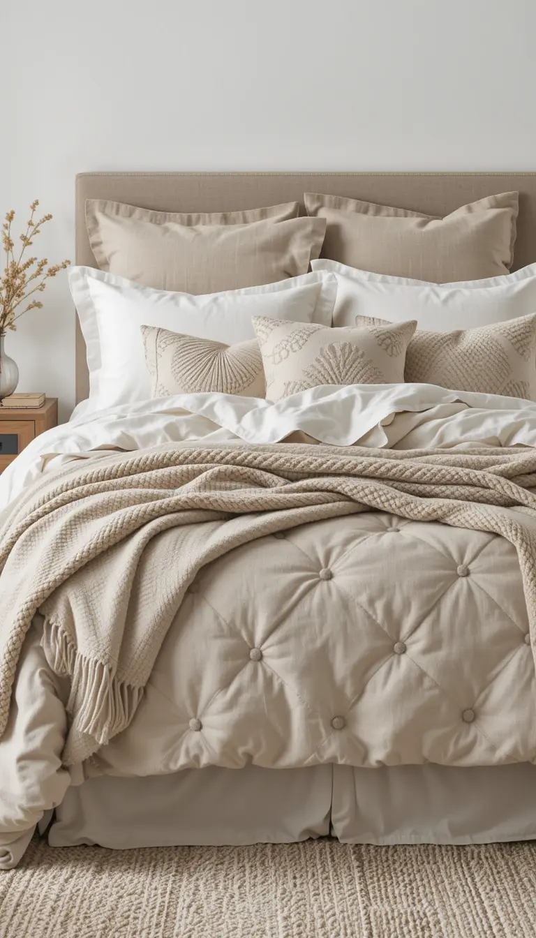 a bedroom with neutral bedding theme