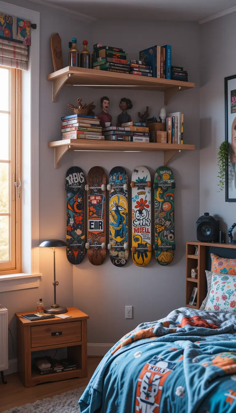 a teenage boy bedroom with wall mounted skate boards