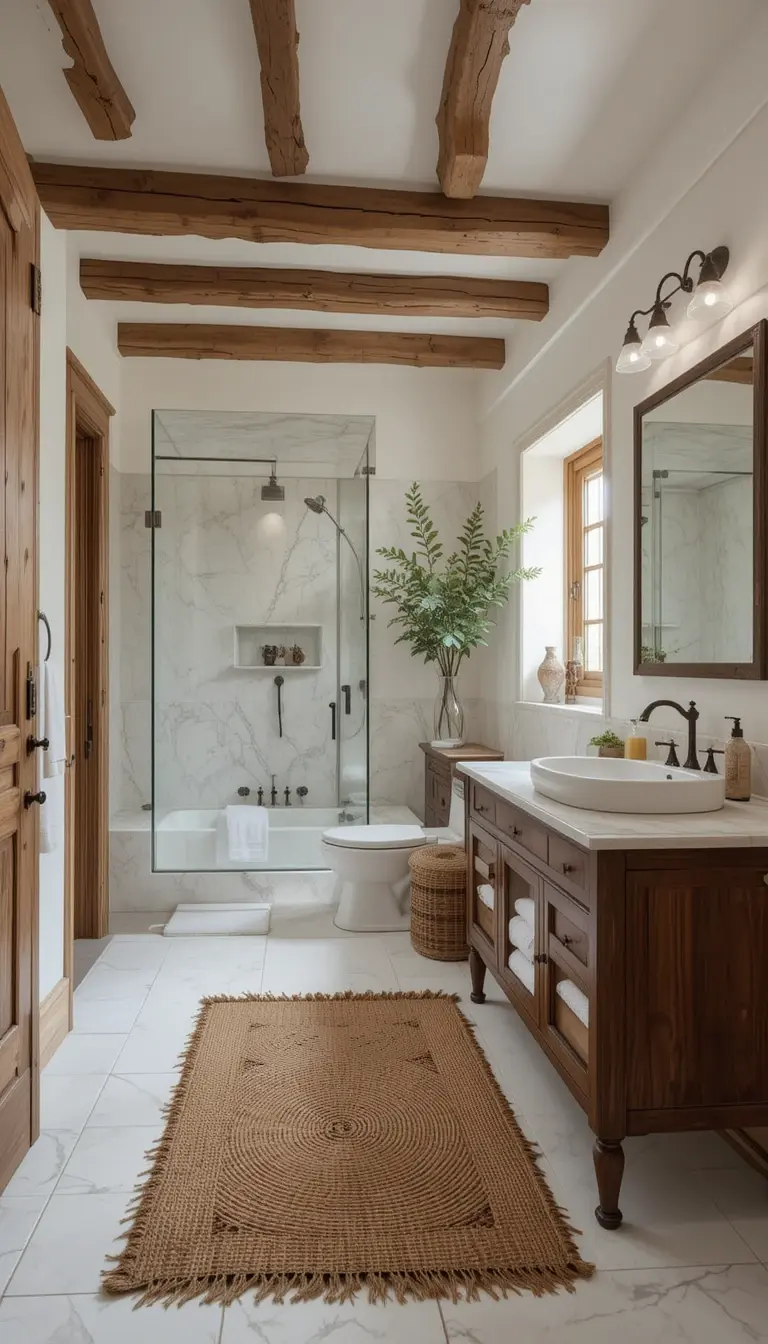 a rustic bathroom with stately ceiling beams