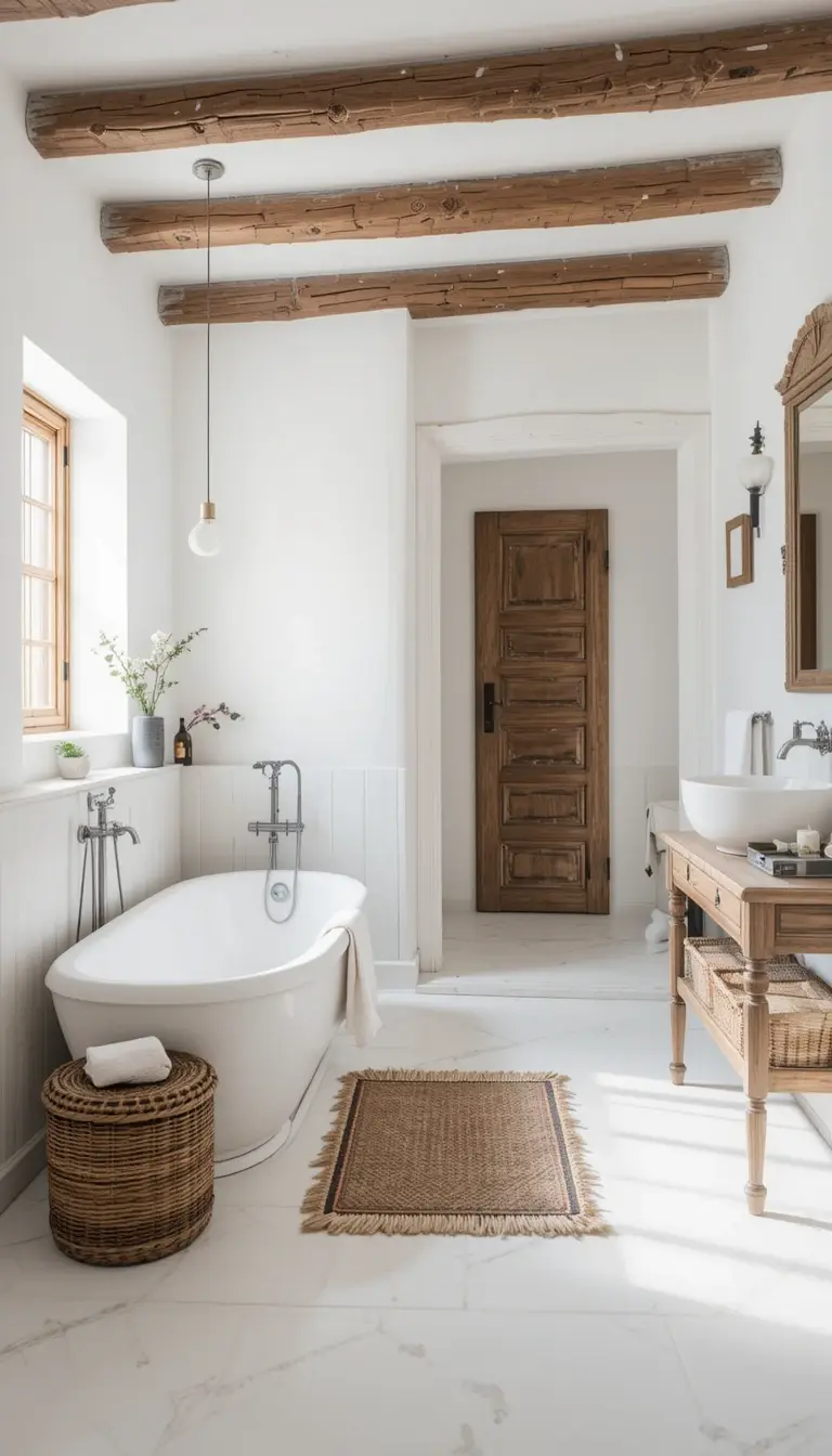 a rustic bathroom with stately ceiling beams