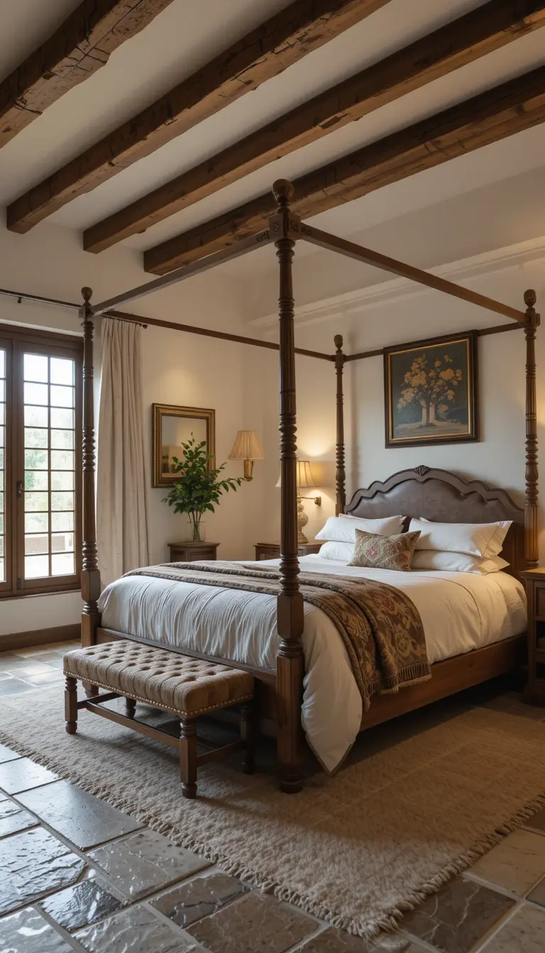 a farmhouse bedroom with rustic beams