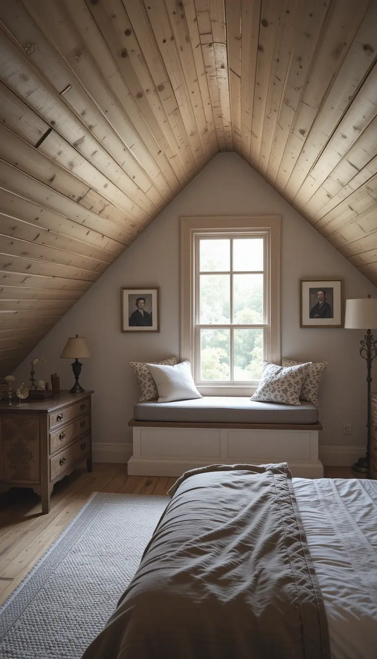 an attic bedroom with a window seat