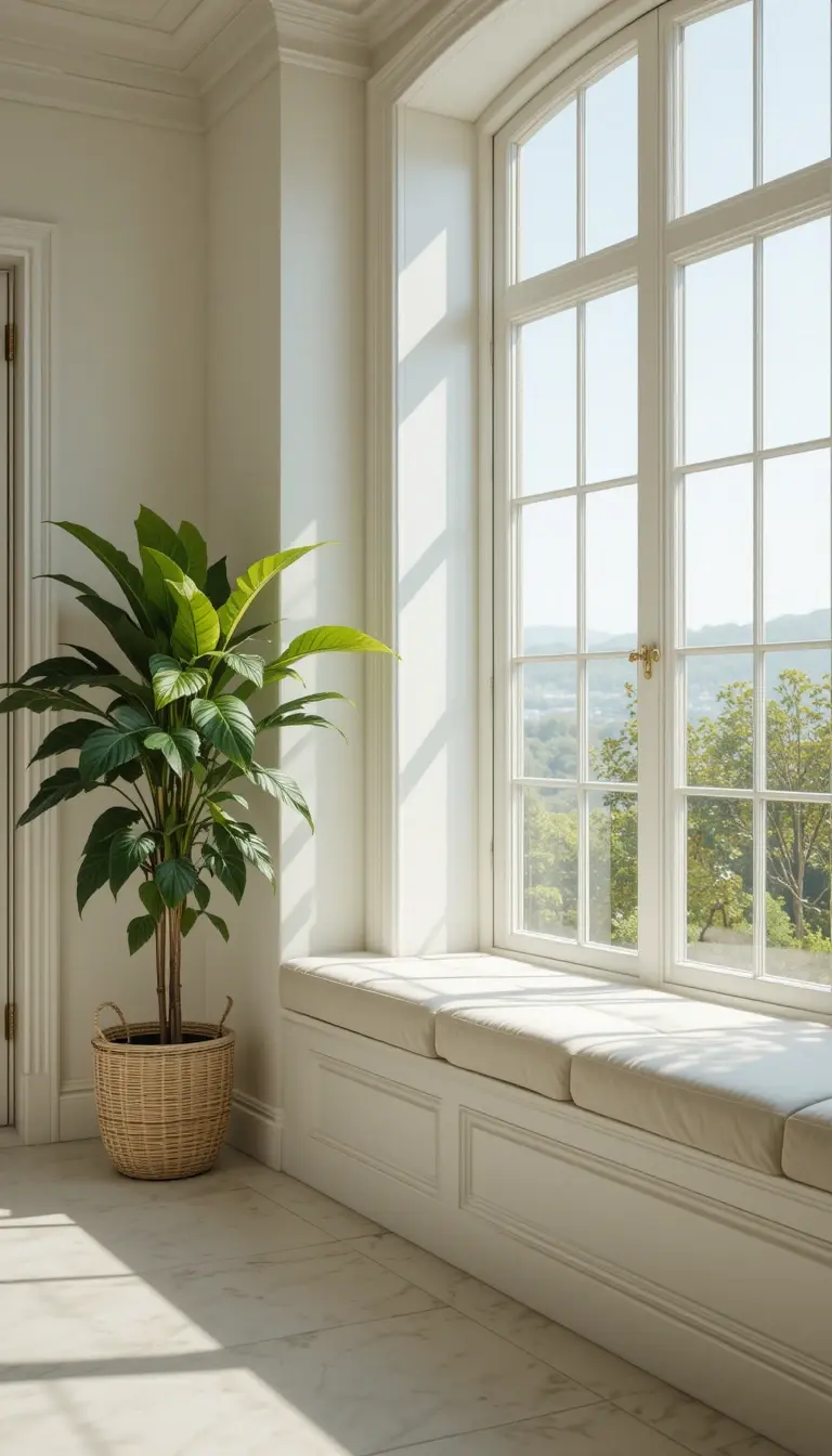 a window seat with a plant on window sill