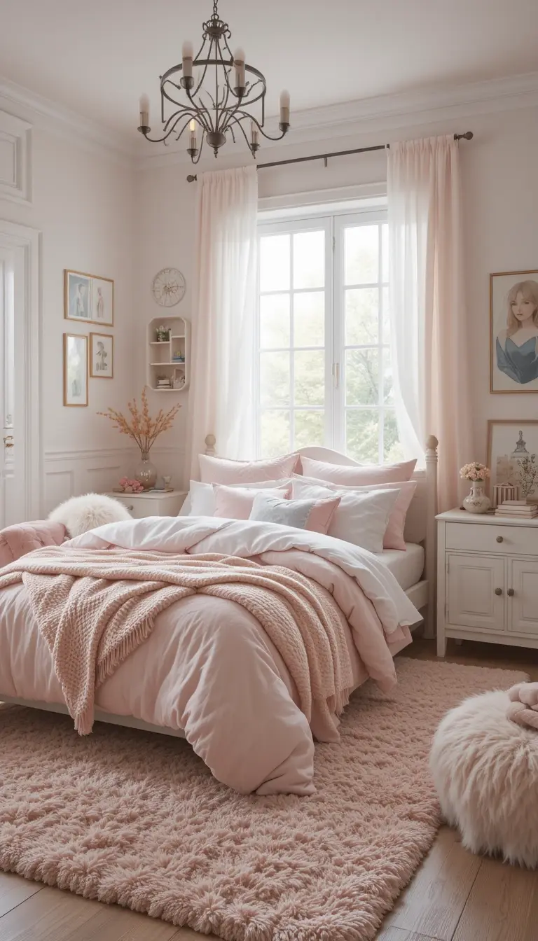 a teenage girl bedroom with a cozy pastel haven theme