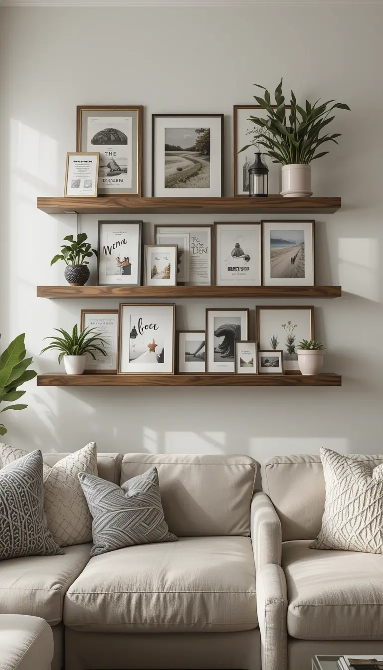 a floating shelf acting as a personal gallery