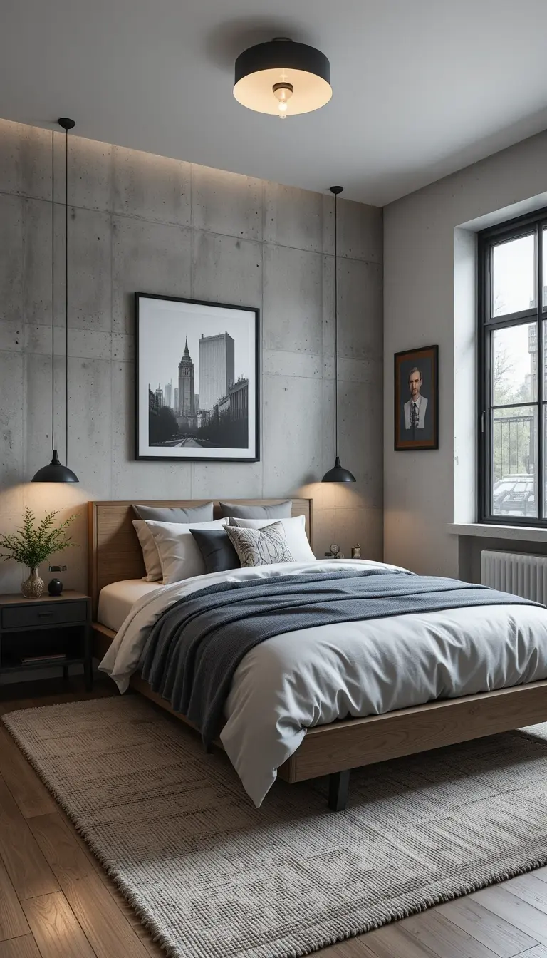 a teenage bedroom with a urban loft style