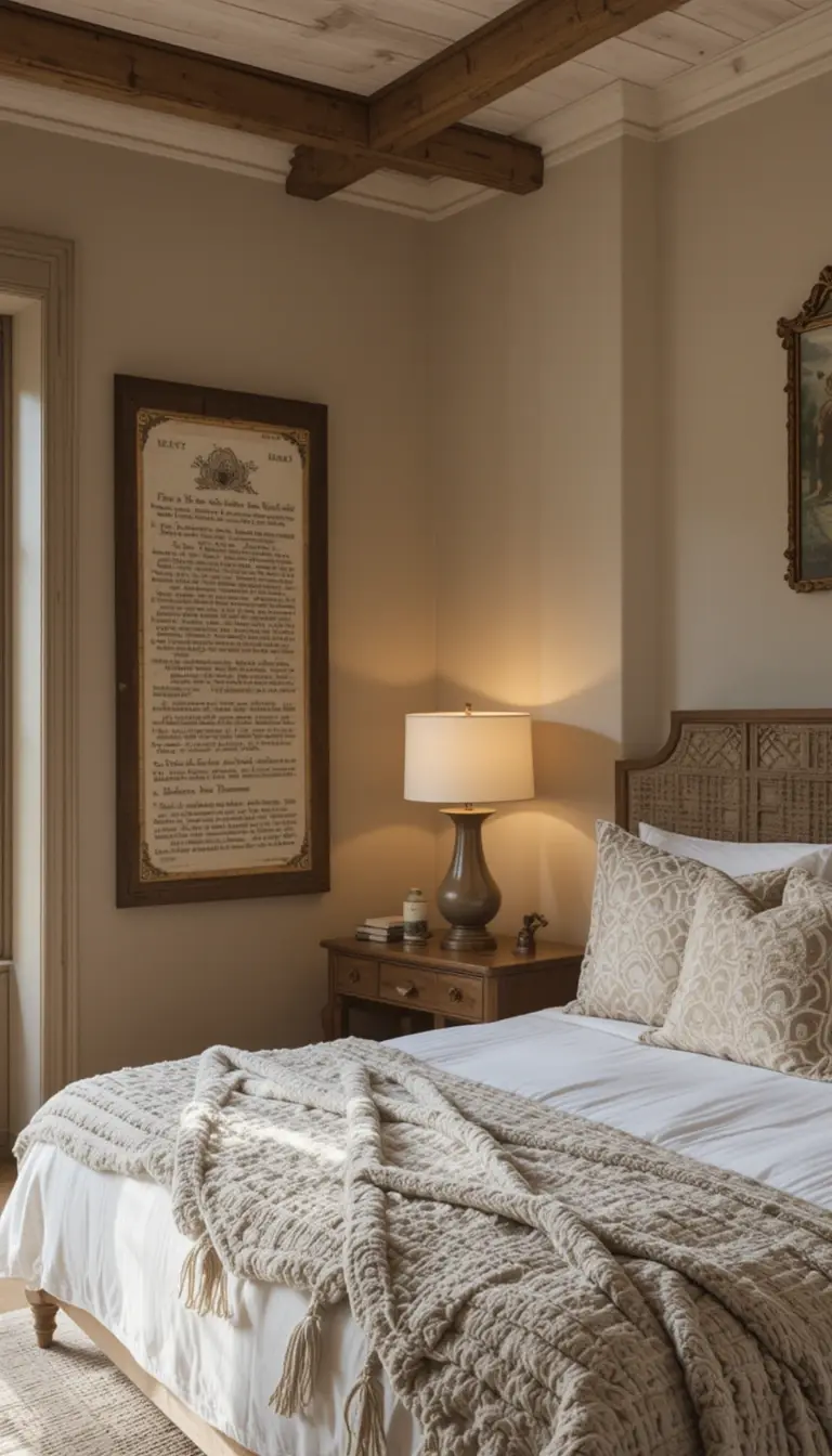 a farmhouse bedroom with brown and beige