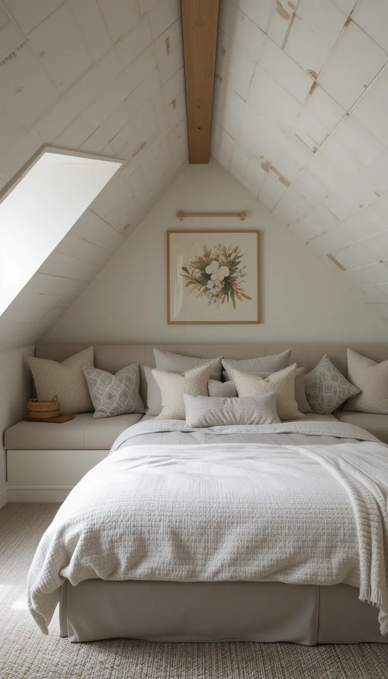 an attic bedroom with seating