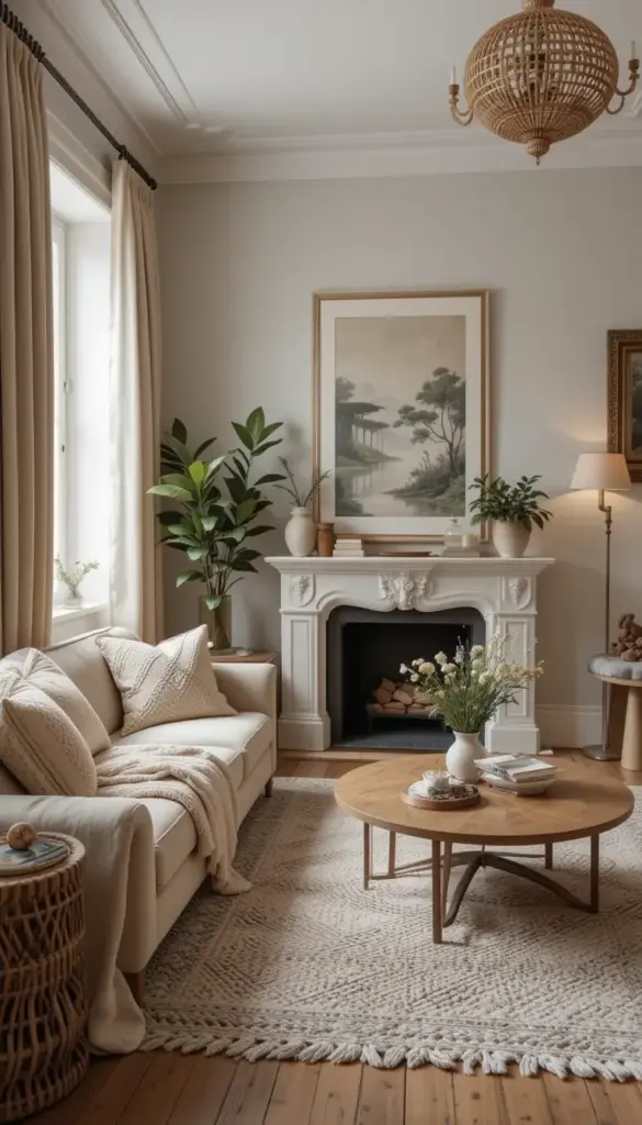 A small bohemian living room with boho scandi fusion