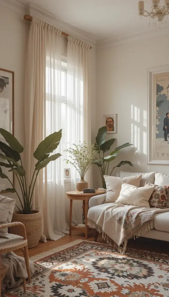 A small bohemian living room with sheer curtains (2)