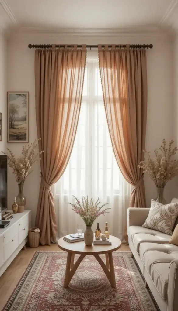 A small bohemian living room with sheer curtains