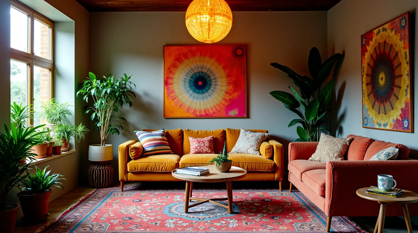 A small bohemian inspired living room featuring a bold ceiling light fixture that serves as a strik gocf4090wujsjdui4pxv 0