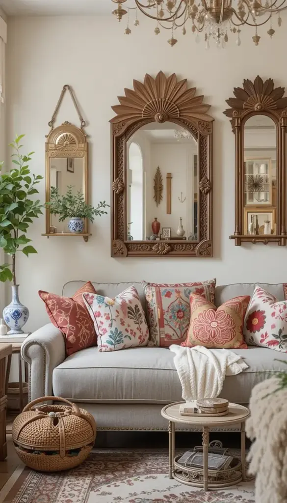 Small bohemian living room with boho mirrors