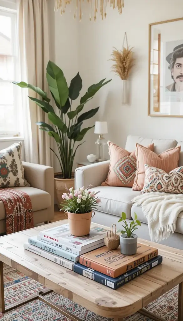 Small bohemian living room with boho themed coffee table books