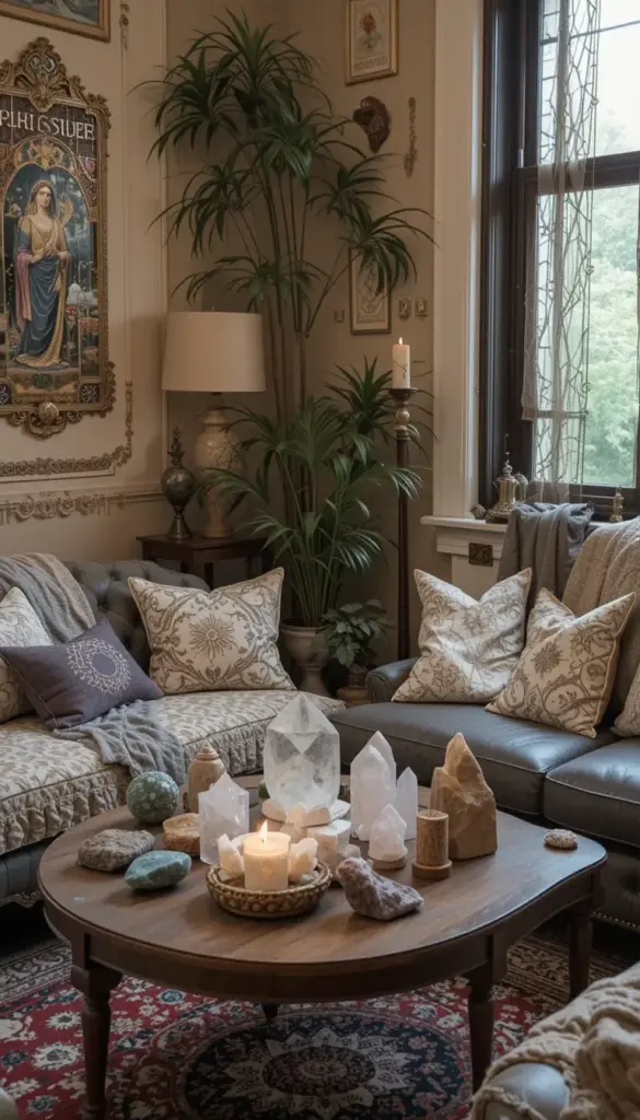 Small bohemian living room with crystal and mineral displays (2)