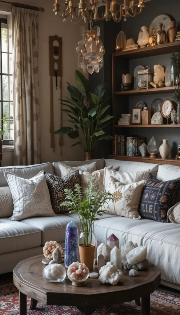 Small bohemian living room with crystal and mineral displays